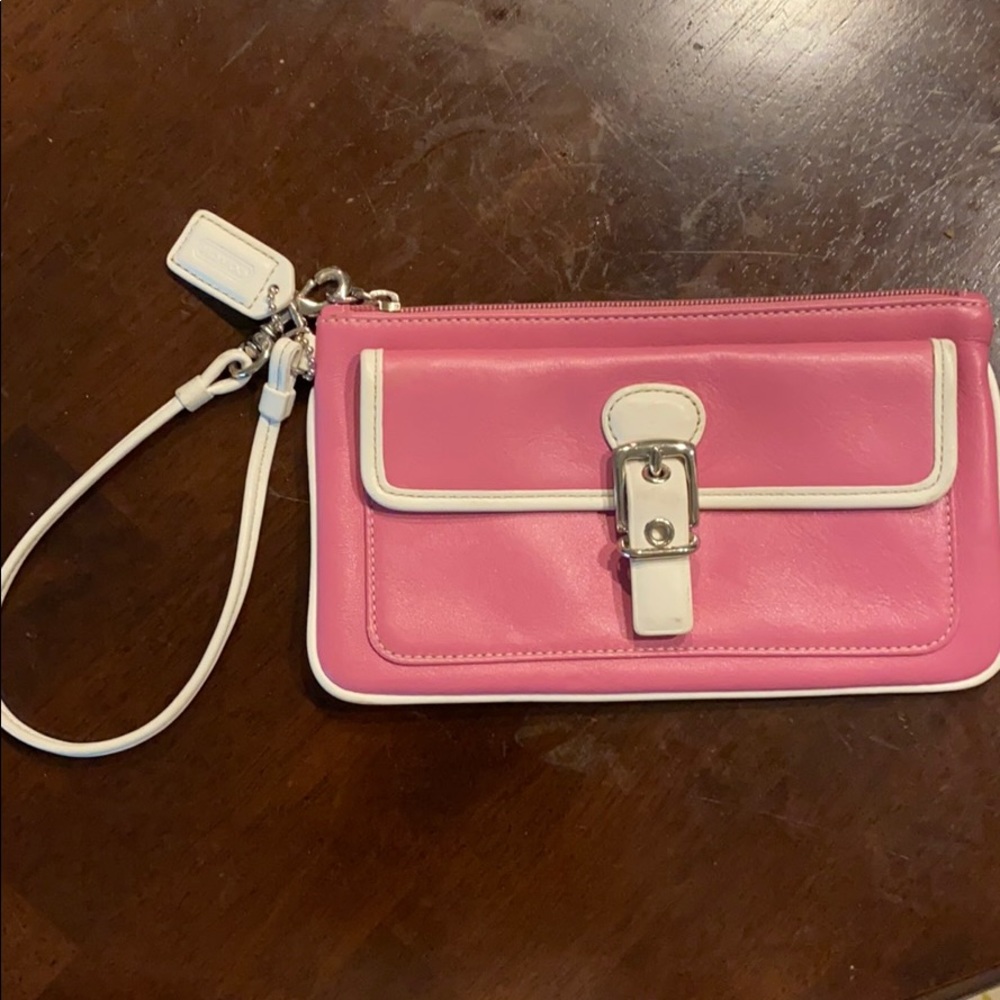 Coach pink & white leather wristlet
